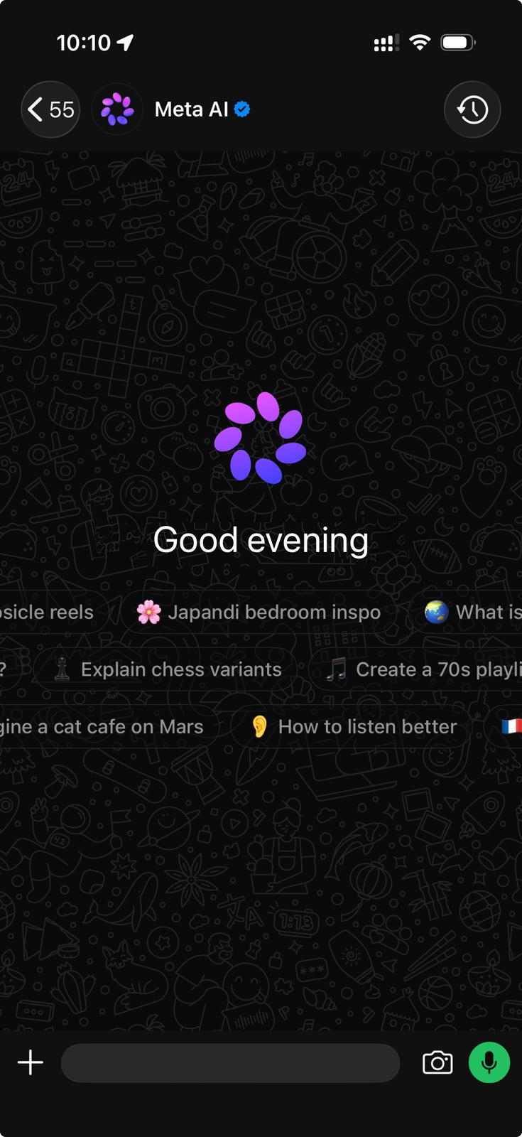 Meta AI standalone app home screen showing several suggested prompts